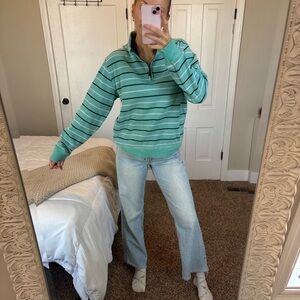 Lands' End Mint Green and Navy Striped Half-Zip Pullover